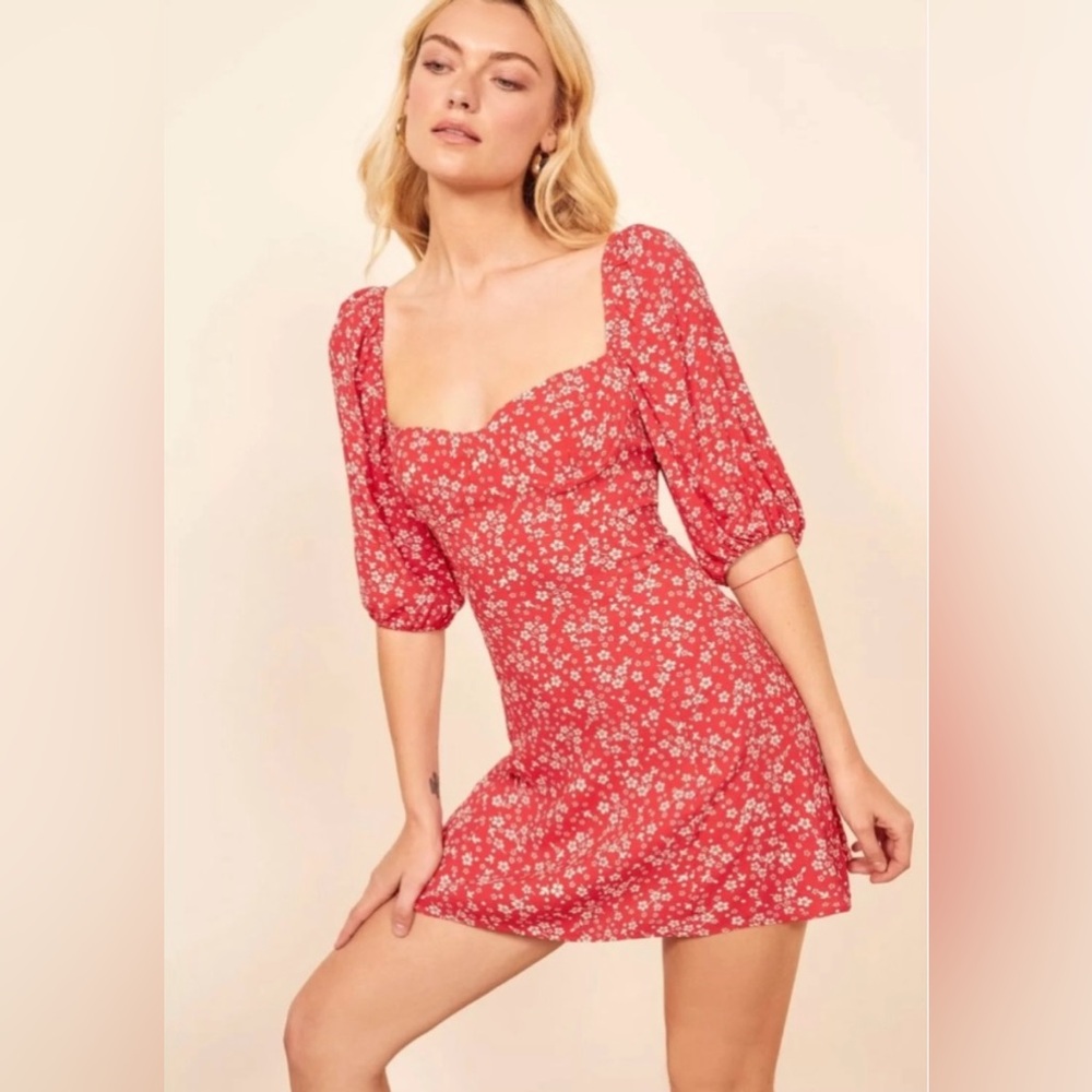 Reformation Coral-Red Floral Square Neck Mini Dress
